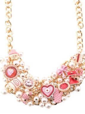 Betsey Johnson Gold-Tone Baking Theme Bib Necklace with Pink Accents and Pearls